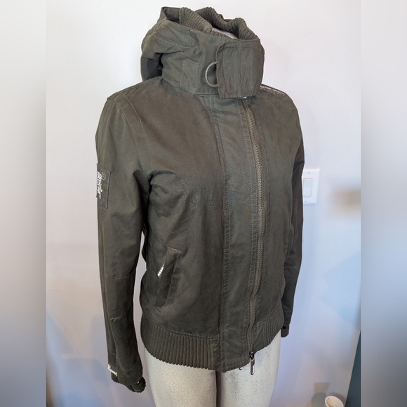 Womens Superdry Japan Microfibre Windbomber Hooded Jacket, Khaki Green Small - Picture 1 of 16